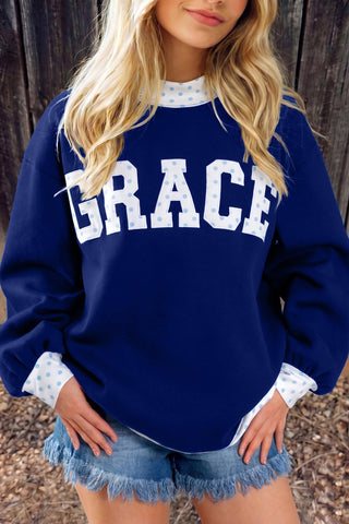 Dirty blue Polka Dot Trim High Neck GRACE Letter Graphic Baggy Sweatshirt