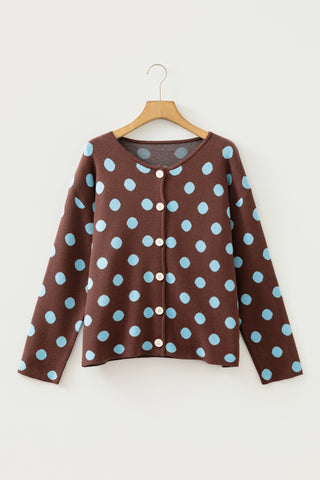 Brown Polka Dot Button Down Dropped Shoulder Shift Cardigan