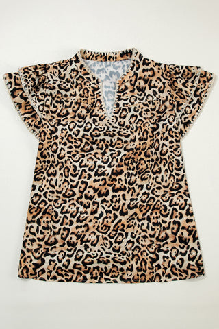 Khaki Plus Size Leopard Print Stitch Detail Ruffled Short Sleeve Blouse, Dear-Lover Dropshipping - A Blissfully Beautiful Boutique