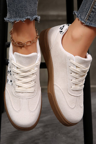 White Suede Leopard Color Block Trim Lace-up Casual Shoes, Dear-Lover Dropshipping - A Blissfully Beautiful Boutique