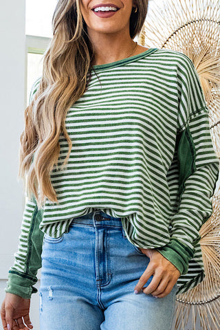 Green Stripe Thermal Knit Drop Shoulder Casual Top