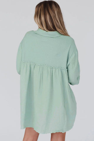 Green Patchwork Crinkle Puff Sleeve Shirt Dress