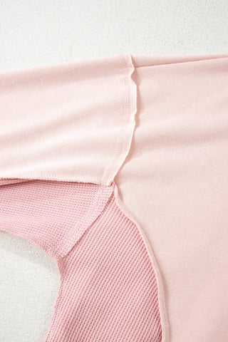 Light Pink Plus Color Block Waffle Patchwork Exposed Seam Baggy Sweatshirt, Dear-Lover Dropshipping - A Blissfully Beautiful Boutique
