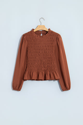 Jet Stream Solid Color Smocked Ruffle Hem Long Sleeve Blouse