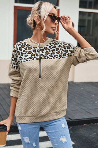 Apricot Leopard Splicing Drop Shoulder Zipped Sweatshirt