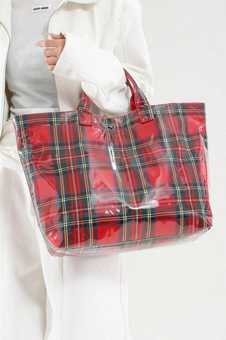 Fiery Red Plaid Pattern PVC Glossy Waterproof Tote Bag, Dear-Lover Dropshipping - A Blissfully Beautiful Boutique