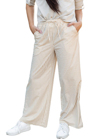 Khaki Stripe Print Wide Leg Drawstring Pants