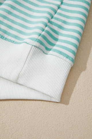 Green Stripe Cuffed Sleeve Contrast Mock Neck Tee Casual 2pcs Short Set, Dear-Lover Dropshipping - A Blissfully Beautiful Boutique