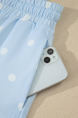 Sky Blue Exposed Seam Detail Polka Dot Loose Tee Drawstring Shorts Set, Dear-Lover Dropshipping - A Blissfully Beautiful Boutique