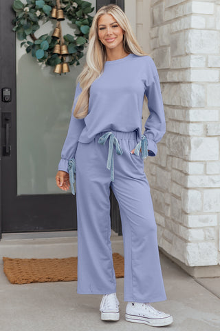 Beau Blue Flounce Long Sleeve Top Drawstring Pants Contrast Velvet Bow Knot 2pcs Lounge Set, Dear-Lover Dropshipping - A Blissfully Beautiful Boutique