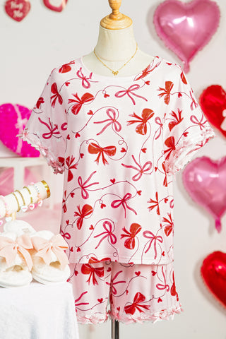 Red Romantic Bow Print Loose Tee Drawstring Shorts 2pcs Lounge Set, Dear-Lover Dropshipping - A Blissfully Beautiful Boutique