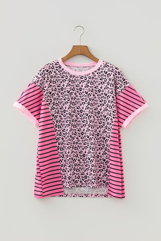 Pink Leopard Striped Patchwork Side Slit Loose Short Sleeve Top, Dear-Lover Dropshipping - A Blissfully Beautiful Boutique