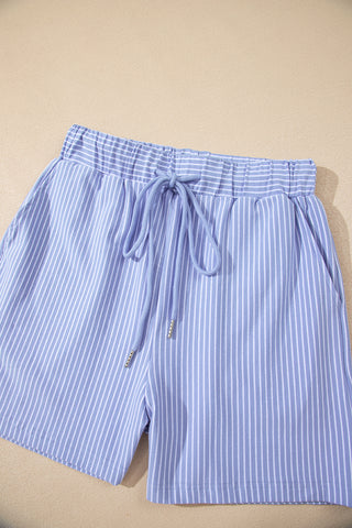 Sky Blue Stripe Dolman Sleeve Polo Shirt and Drawstring Shorts Set