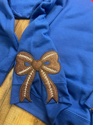Football Side Bow Glitter Applique Embroidered Sweatshirt with Optional Front Embroidery, Merch Girls - A Blissfully Beautiful Boutique
