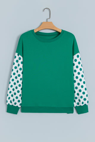Green Polka Dot Patchwork Sleeve Crew Neck Loose Pullover Sweatshirt