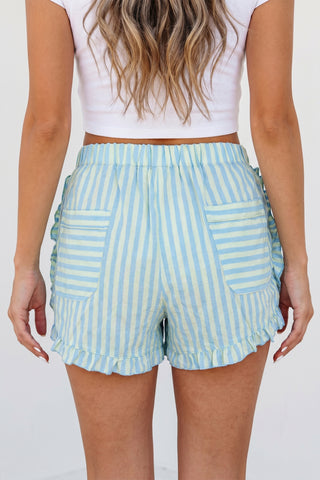 Sky Blue Stripe Elastic Waist Ruffle Trim Casual Shorts, Dear-Lover Dropshipping - A Blissfully Beautiful Boutique
