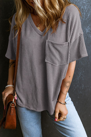 Light Grey Corded V Neck Chest Pocket Loose T-shirt