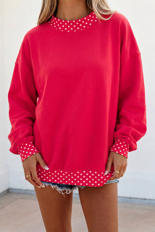 Burgundy Colorblock Polka Dot Contrast Trim Oversized Sweatshirt