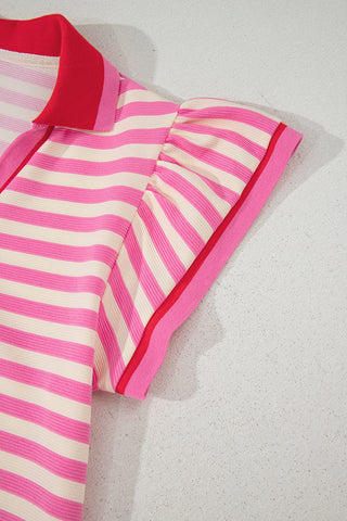 Sachet Pink Stripe Print Contrast Collar Split Neck Flutter Sleeve Short Dress