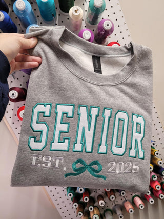 Custom Senior Established Year Coquette Bow Varsity Glitter Applique Embroidered Shirt, Merch Girls - A Blissfully Beautiful Boutique