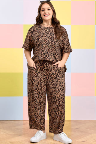 Brown Plus Size Leopard Loose Top Pleated Pants Set, Dear-Lover Dropshipping - A Blissfully Beautiful Boutique