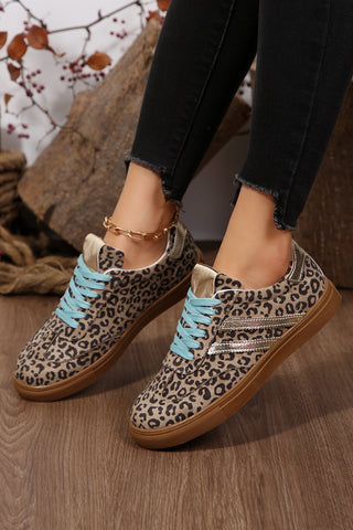 Coffee Faux Suede Leopard Print Sleek PU Leather Detail Lace Up Sneakers, Dear-Lover Dropshipping - A Blissfully Beautiful Boutique