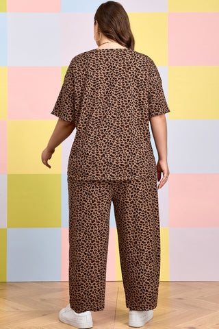 Brown Plus Size Leopard Loose Top Pleated Pants Set, Dear-Lover Dropshipping - A Blissfully Beautiful Boutique