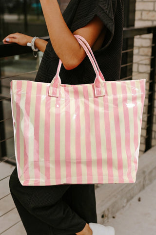 Pink Glossy Striped Vinyl Large Tote Bag, Dear-Lover Dropshipping - A Blissfully Beautiful Boutique