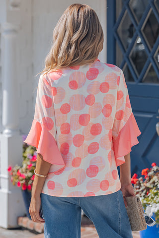 Pink Double Polka Dot Printed Ruffle Trim Short Sleeve Babydoll Shirt, Dear-Lover Dropshipping - A Blissfully Beautiful Boutique