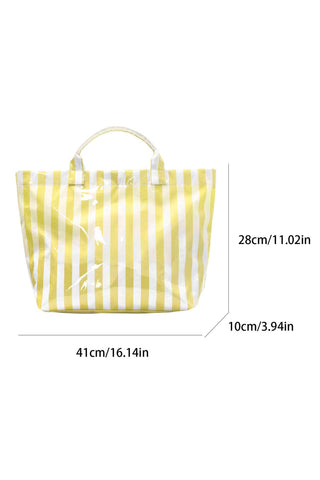 Yellow Cream Glossy Striped Vinyl Large Tote Bag, Dear-Lover Dropshipping - A Blissfully Beautiful Boutique