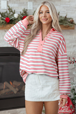Pink Stripe Buttoned V Neck Collared Drop Shoulder Top, A Blissfully Beautiful Boutique - A Blissfully Beautiful Boutique