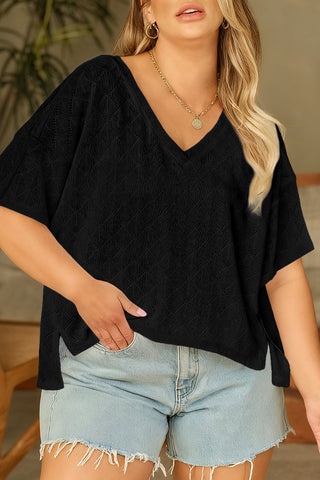 Black Pointelle Rhombus Knit Plus Size V Neck Loose Top, Dear-Lover Dropshipping - A Blissfully Beautiful Boutique