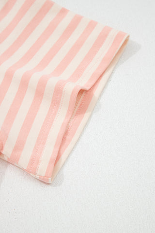 Pink Stripe Contrast Neck Loose Tee and Drawstring Shorts Set