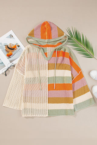 Beige Oversized Colorblock V Neck Hooded Sweater, A Blissfully Beautiful Boutique - A Blissfully Beautiful Boutique