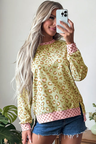 Pink Leopard Polka Dot Colorblock Trim Long Sleeve Top