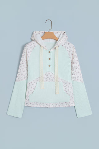 Clearly Aqua Textured Floral Patchwork Button Hooded Long Sleeve Top