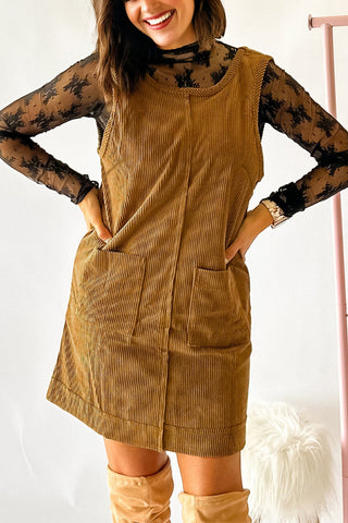 Beige Corduroy Sleeveless Mini Dress With Patched Pockets