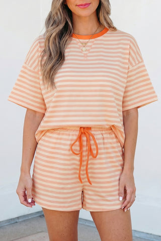 Pink Stripe Contrast Neck Loose Tee and Drawstring Shorts Set, Dear-Lover Dropshipping - A Blissfully Beautiful Boutique