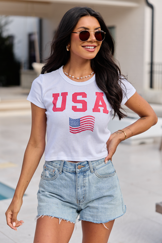 USA Block Flag White Baby Graphic Tee, Pink Lily - A Blissfully Beautiful Boutique