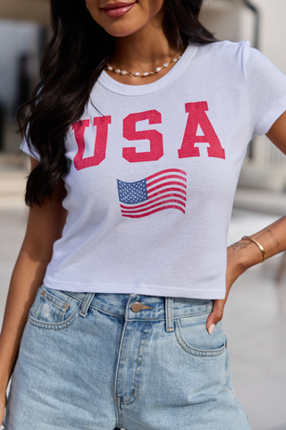 USA Block Flag White Baby Graphic Tee, Pink Lily - A Blissfully Beautiful Boutique