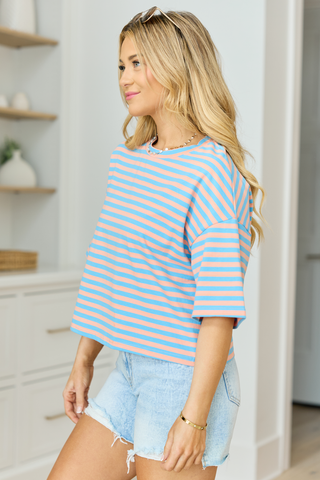 Keep It Casual Blue and Coral Multi Boxy Striped Tee