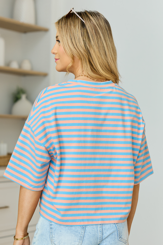 Keep It Casual Blue and Coral Multi Boxy Striped Tee