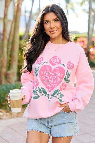 Coffee & My Best Light Pink Graphic Sweatshirt, Pink Lily - A Blissfully Beautiful Boutique