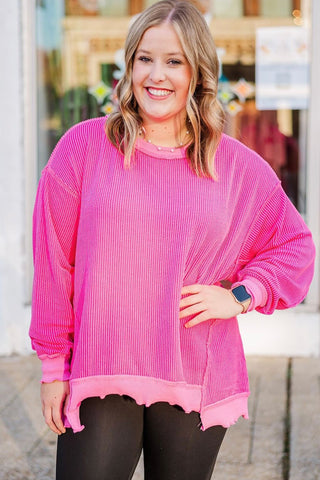 Rose Red Drop Shoulder Uneven Hem Plus Size Twisted Rib Top, Dear-Lover Dropshipping - A Blissfully Beautiful Boutique