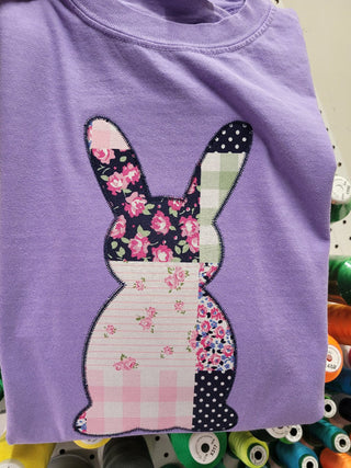 Bunny Rabbit Faux Patchwork Fabric Applique Embroidered Shirt, Merch Girls - A Blissfully Beautiful Boutique