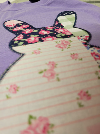 Bunny Rabbit Faux Patchwork Fabric Applique Embroidered Shirt, Merch Girls - A Blissfully Beautiful Boutique