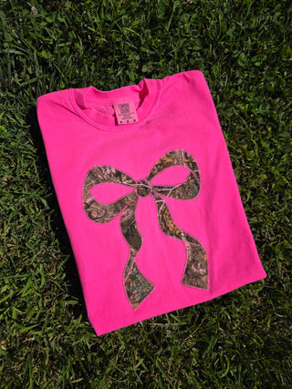 Realtree Edge Camouflage Applique Bow Preppy Embroidered Neon Comfort Color Short Sleeve Shirt, Merch Girls - A Blissfully Beautiful Boutique