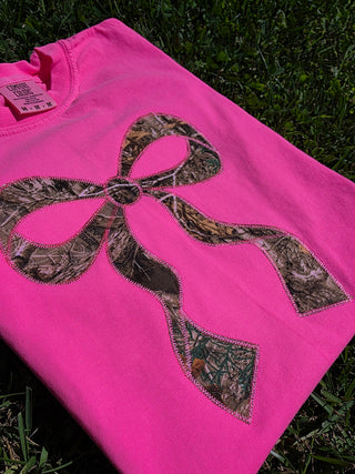 Realtree Edge Camouflage Applique Bow Preppy Embroidered Neon Comfort Color Short Sleeve Shirt, Merch Girls - A Blissfully Beautiful Boutique