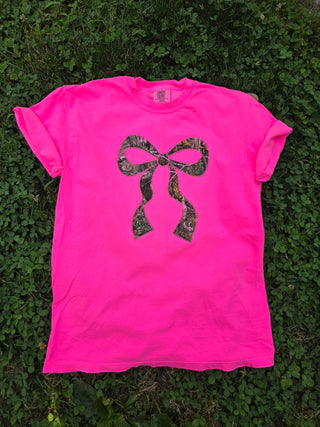 Realtree Edge Camouflage Applique Bow Preppy Embroidered Neon Comfort Color Short Sleeve Shirt, Merch Girls - A Blissfully Beautiful Boutique