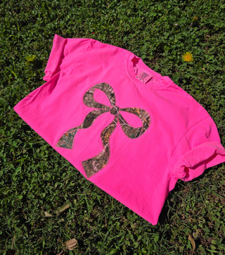 Realtree Edge Camouflage Applique Bow Preppy Embroidered Neon Comfort Color Short Sleeve Shirt, Merch Girls - A Blissfully Beautiful Boutique